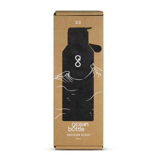 A drink bottle in obsidian black, packaged in a brown box with a logo and wave designs.