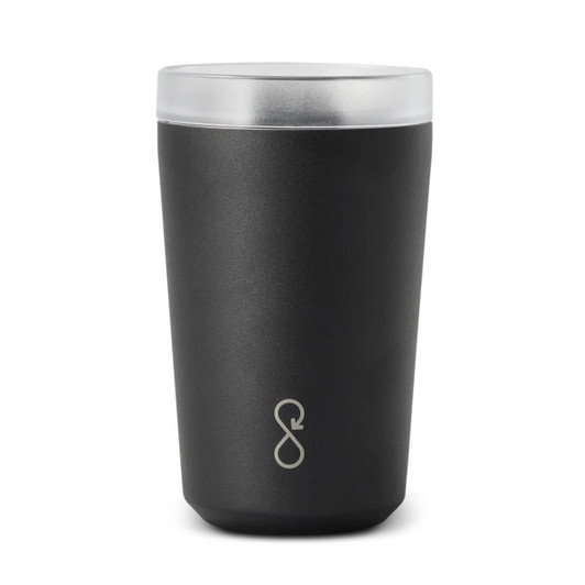 A drink bottle in matte black with a clear lid and a logo featured on the front. Ideal for hot or cold beverages.