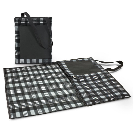 A black and grey checkered picnic blanket with a carrying handle and pocket, folded neatly beside an open version.