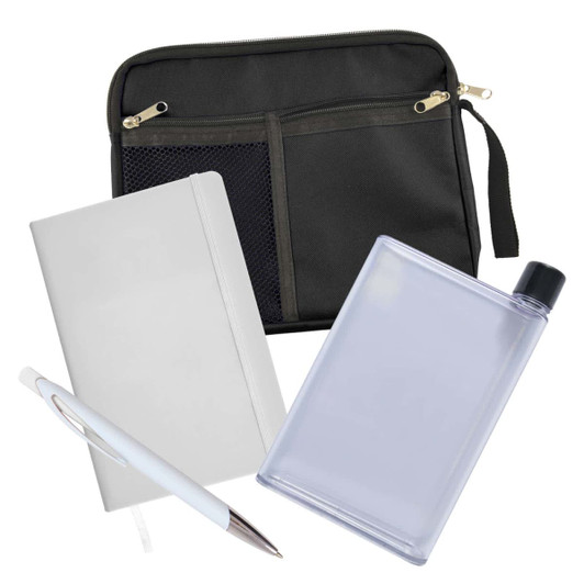 A zippered black pouch containing a clear bottle, a white notebook, and a blue pen.