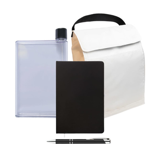 A cooler bag, a clear drink bottle with a black cap, a black notebook, and a silver pen.