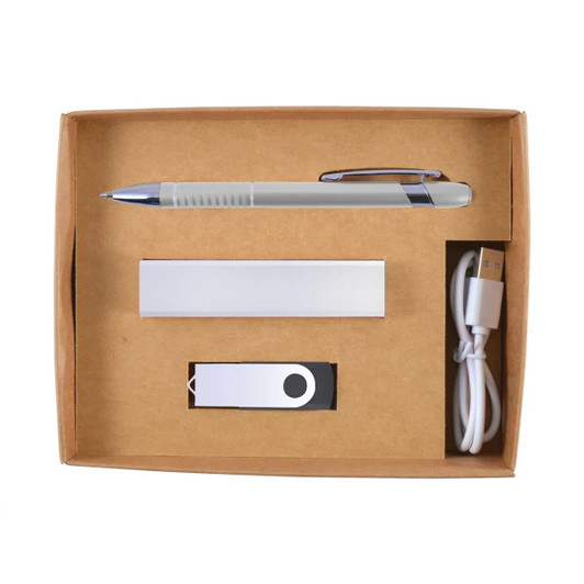 A cardboard gift box containing a silver pen, a power bank, a USB flash drive, and a charging cable.