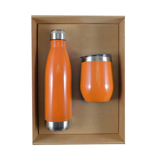 A drink bottle and a mug set in vibrant orange, presented in a cardboard gift box. The bottle features a stainless steel base.