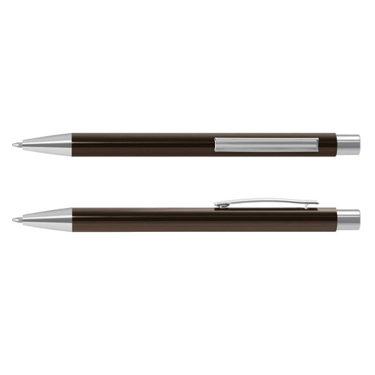 A metal pen, the Lancer Pen, featuring a sleek dark finish with silver accents and a clip for easy attachment.