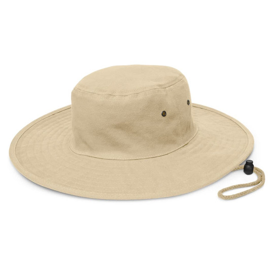 A wide-brim hat in a tan color, featuring a round crown and an adjustable chin strap.