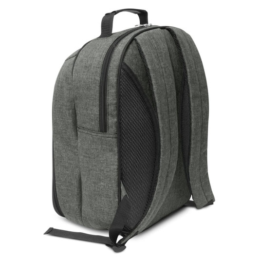 A grey picnic backpack with a textured surface, featuring padded straps and mesh side panels, with a logo on it.