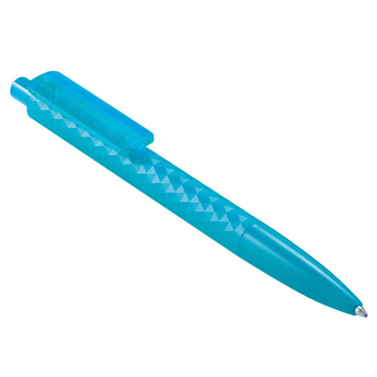 A geometric ballpoint pen in a vibrant turquoise colour with a textured design and a clip on the top.
