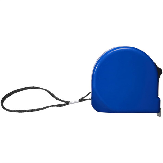 A blue 5 metre measuring tape with a black strap, featuring a logo on the casing.