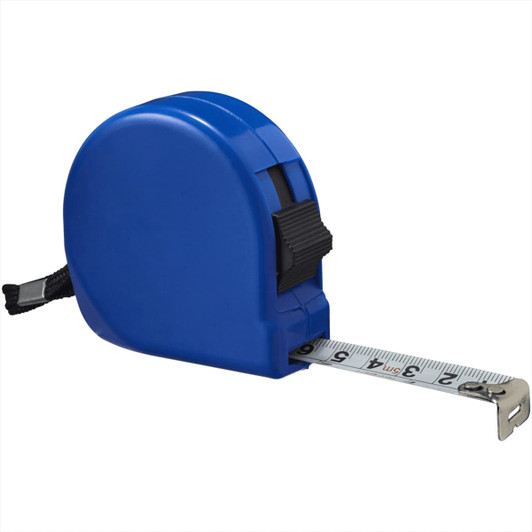 A blue measuring tape with a retractable silver measuring ribbon. The tape includes a black locking mechanism.