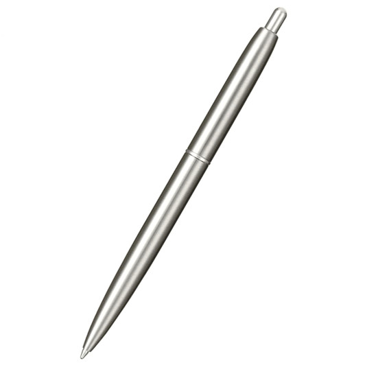 A recycled stainless steel ballpoint pen with a sleek silver finish and a simple, elegant design.