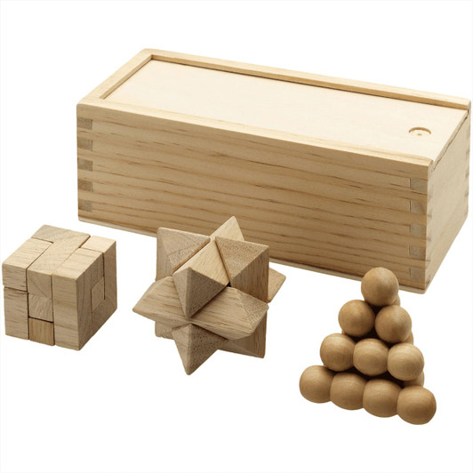 A wooden brain teaser set featuring four puzzles in natural wood tones, stored in a wooden box.