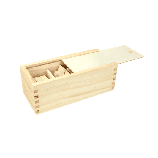 A wooden box containing three brain teaser puzzles, featuring natural wood tones and a sliding lid.