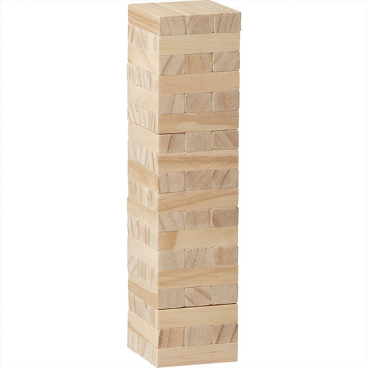 A wooden block stacking game featuring natural timber blocks arranged in a tall tower shape.
