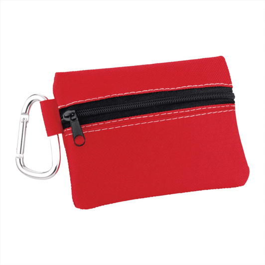 A red zippered pouch with a black zipper, featuring a carabiner clip for easy attachment.