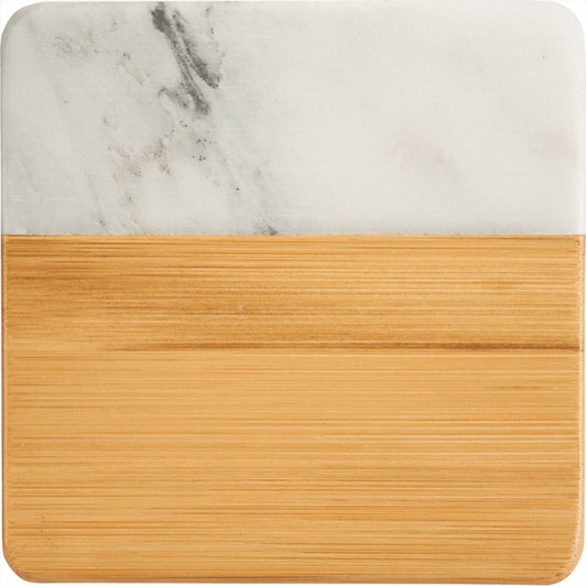 A marble and bamboo coaster featuring a white marble top and a natural bamboo bottom. It has a simple, elegant design.
