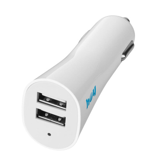A white dual car charger featuring two USB ports and a small branding logo.