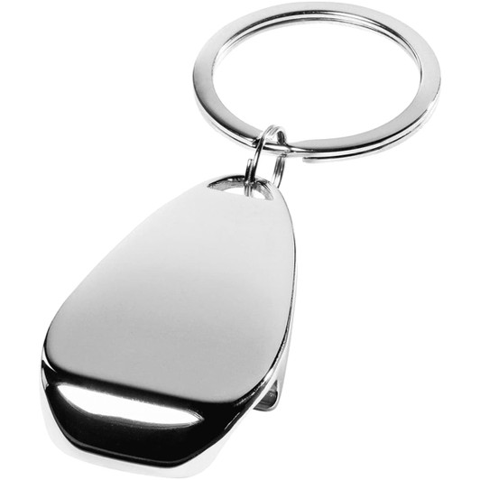 A drink bottle opener keyring in a shiny silver finish, featuring a circular keyring attachment and a sleek design.