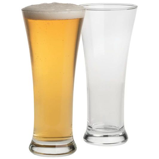 A set of two Pilsner beer glasses, one filled with golden beer and the other clear. Both have a sleek, tall design.