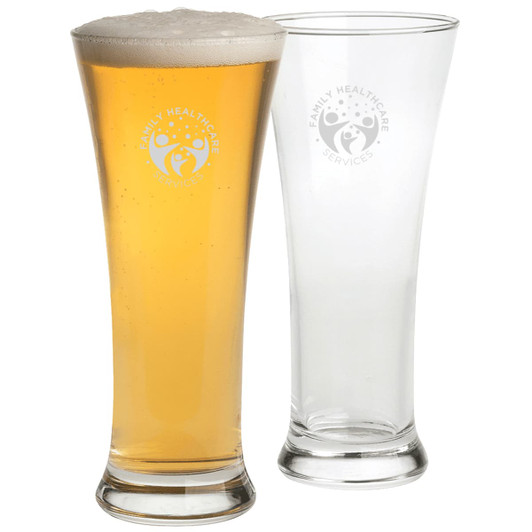 A Pilsner beer glass set featuring two glasses, one with beer and foam, both clear with a logo.