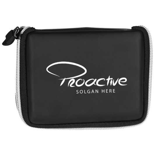 A black travel set case with a zip closure, featuring a logo on the front.
