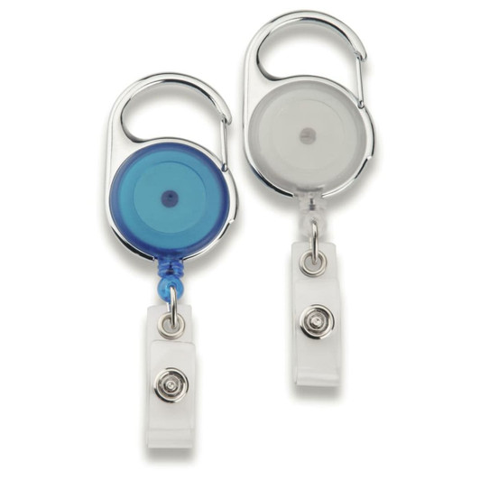 Two retractable badge holders in blue and clear, featuring a metal clip and a circular design. One has a logo.