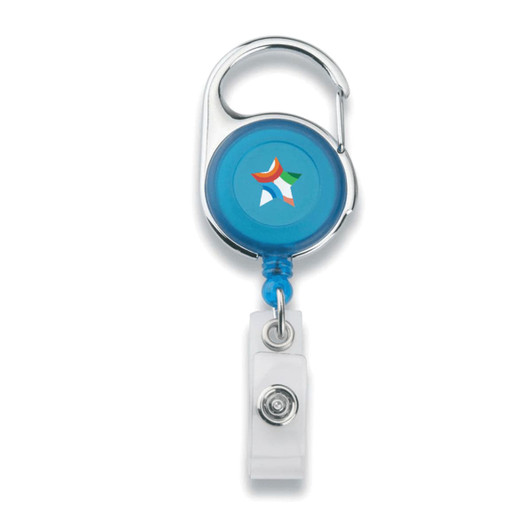 A retractable badge holder with a blue circular body, featuring a logo and a white clip attachment for securing badges.
