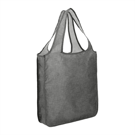 A grey reusable grocery tote bag with two shoulder straps and a simple design. It features a logo.