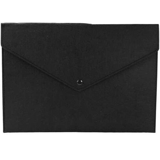 A black felt folder with a flap closure and a button fastener, featuring a logo.