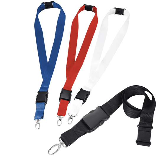A selection of 25mm lanyards in blue, red, white, and black, featuring clips and a branded logo.