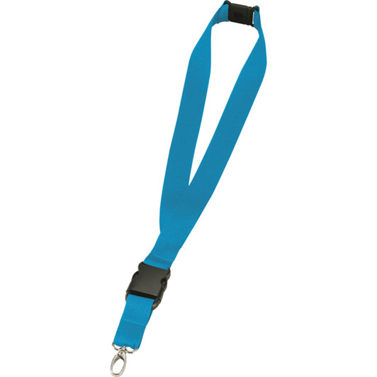 A blue 25mm lanyard featuring a clasp and a plastic buckle, suitable for events and exhibitions.