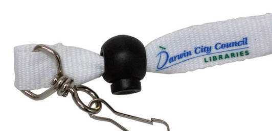 A white ribbon lanyard with a black clasp and a logo attached, ideal for promotional use at events.