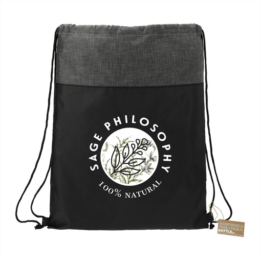 A black and grey drawstring bag featuring a round design and a logo, made from recycled materials.