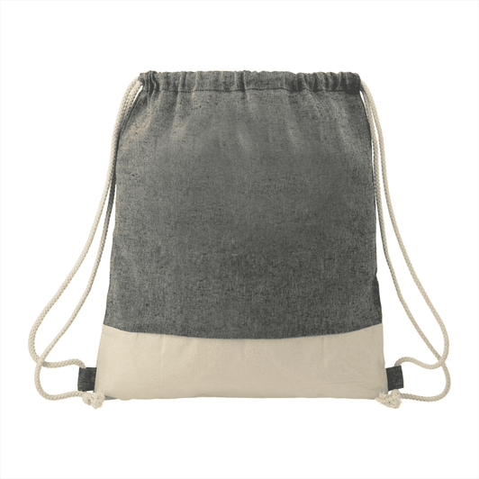 A grey and beige drawstring bag made from recycled cotton, featuring a logo.