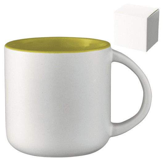 A ceramic mug with a white body and a yellow rim, accompanied by a gift box.
