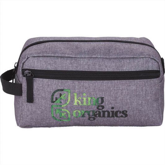 A grey toiletry pouch with a zippered compartment and a logo on the front. Ideal for travel accessories.