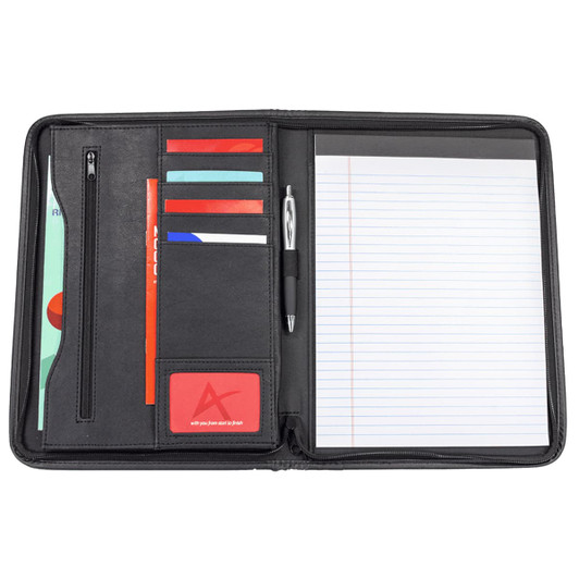 A black portfolio with a pen, notepad, card slots, and a zippered pocket.