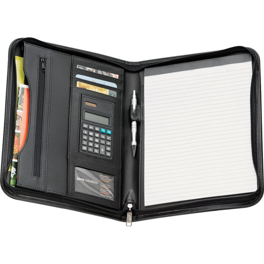 A black portfolio featuring an inner calculator, card slots, and a notepad with lined pages.