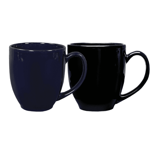 A coffee mug set featuring a navy blue and a black glossy finish, each with a curved handle.
