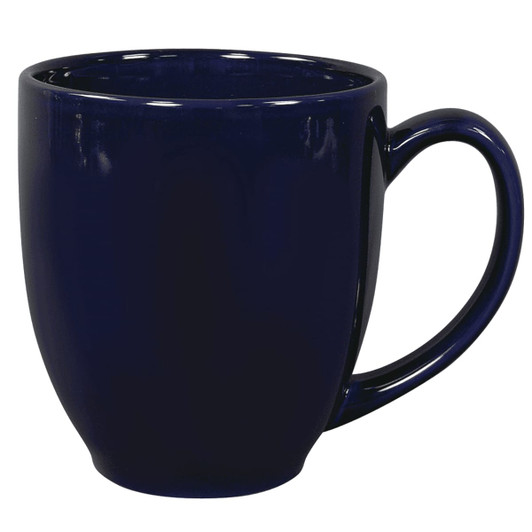 A coffee mug in a glossy navy blue finish, featuring a curved shape and a handle. It has a logo on the surface.