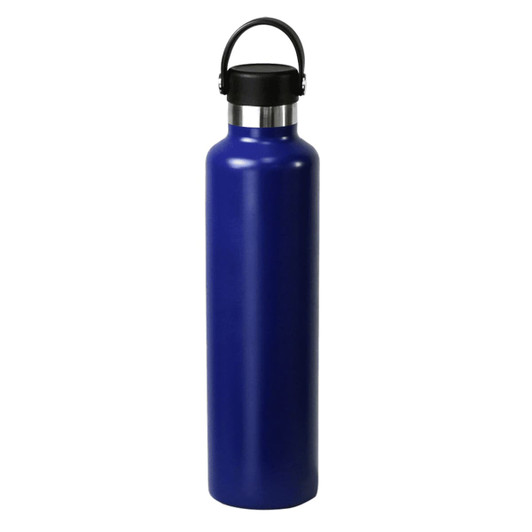 A drink bottle in a deep blue colour, made of stainless steel, featuring a black lid and a handle.