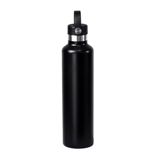 A drink bottle in matte black stainless steel with a screw top and carry handle, featuring a silver band.