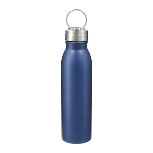 A drink bottle in a navy blue finish with a stainless steel cap and a metal loop. Features a logo.