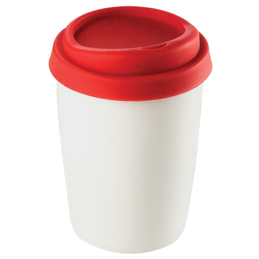 A ceramic mug with a white body and a red silicone lid, featuring a logo.