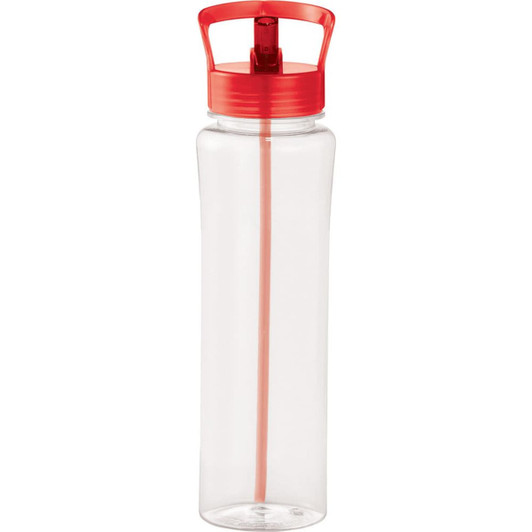 A drink bottle in clear plastic with a red lid and straw, featuring a slight curvature and a logo.