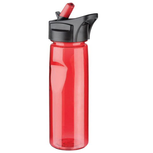A drink bottle in red with a black lid and straw, featuring a logo on the front.