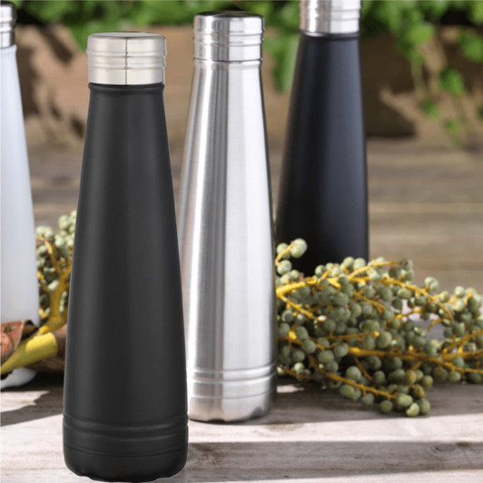 A drink bottle with a sleek black finish, surrounded by silver and white bottles, featuring a metallic lid and logo.