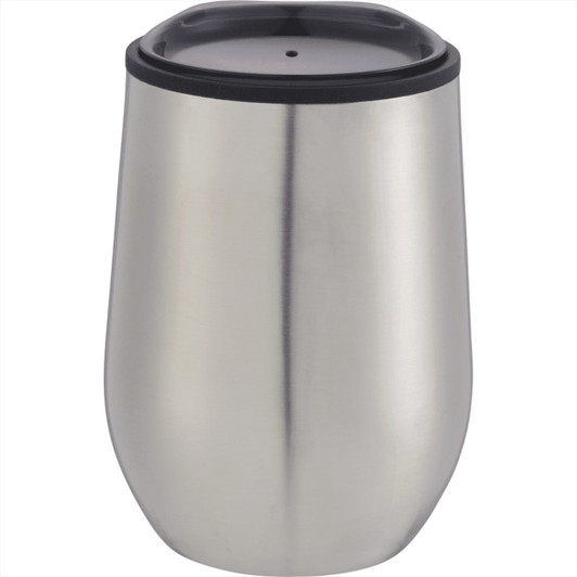 A stainless steel travel mug with a black lid, featuring a sleek and modern design.