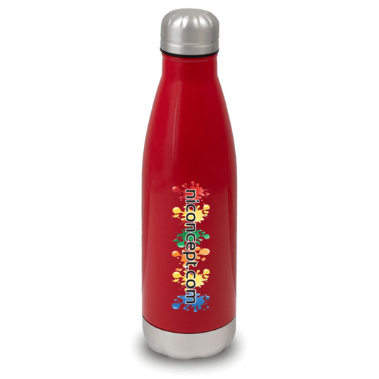 A drink bottle made of red stainless steel with a silver cap and a logo on the front.