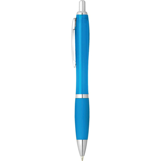 A blue plastic pen with a silver clip and accents, featuring a contoured grip. It has a branding logo.