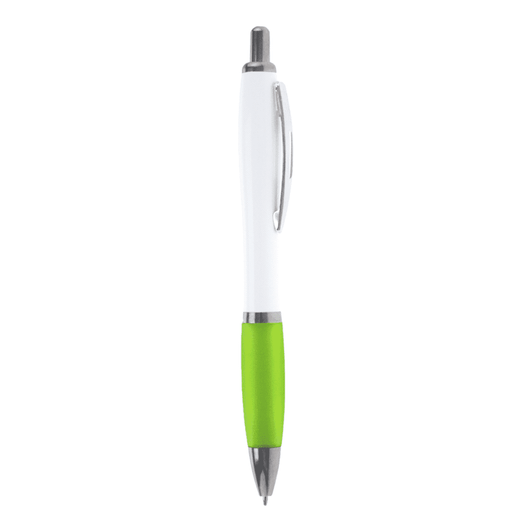 A pen with a white barrel and green grip, featuring a silver clip and trim, includes a logo.